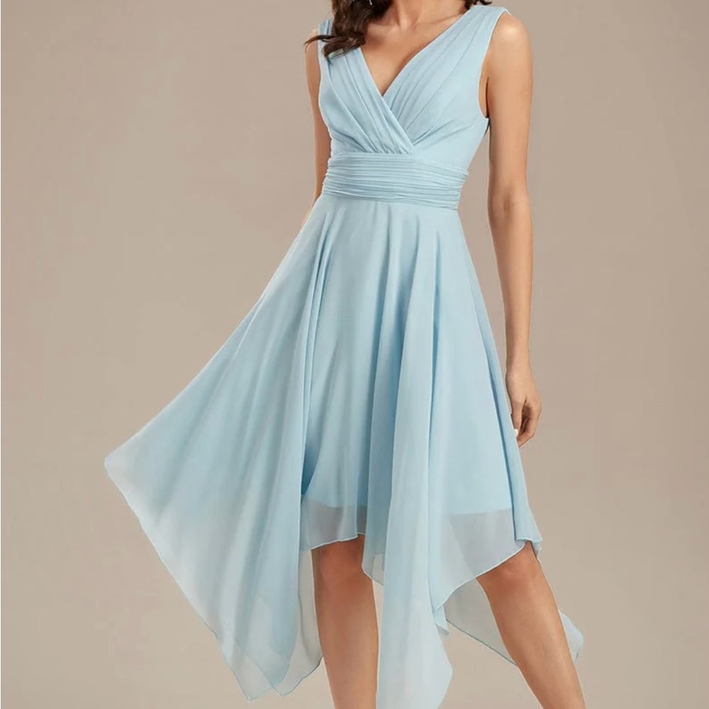 ***NEW***  V Neck Ruched Asymmetrical Hems Midi Chiffon Dress